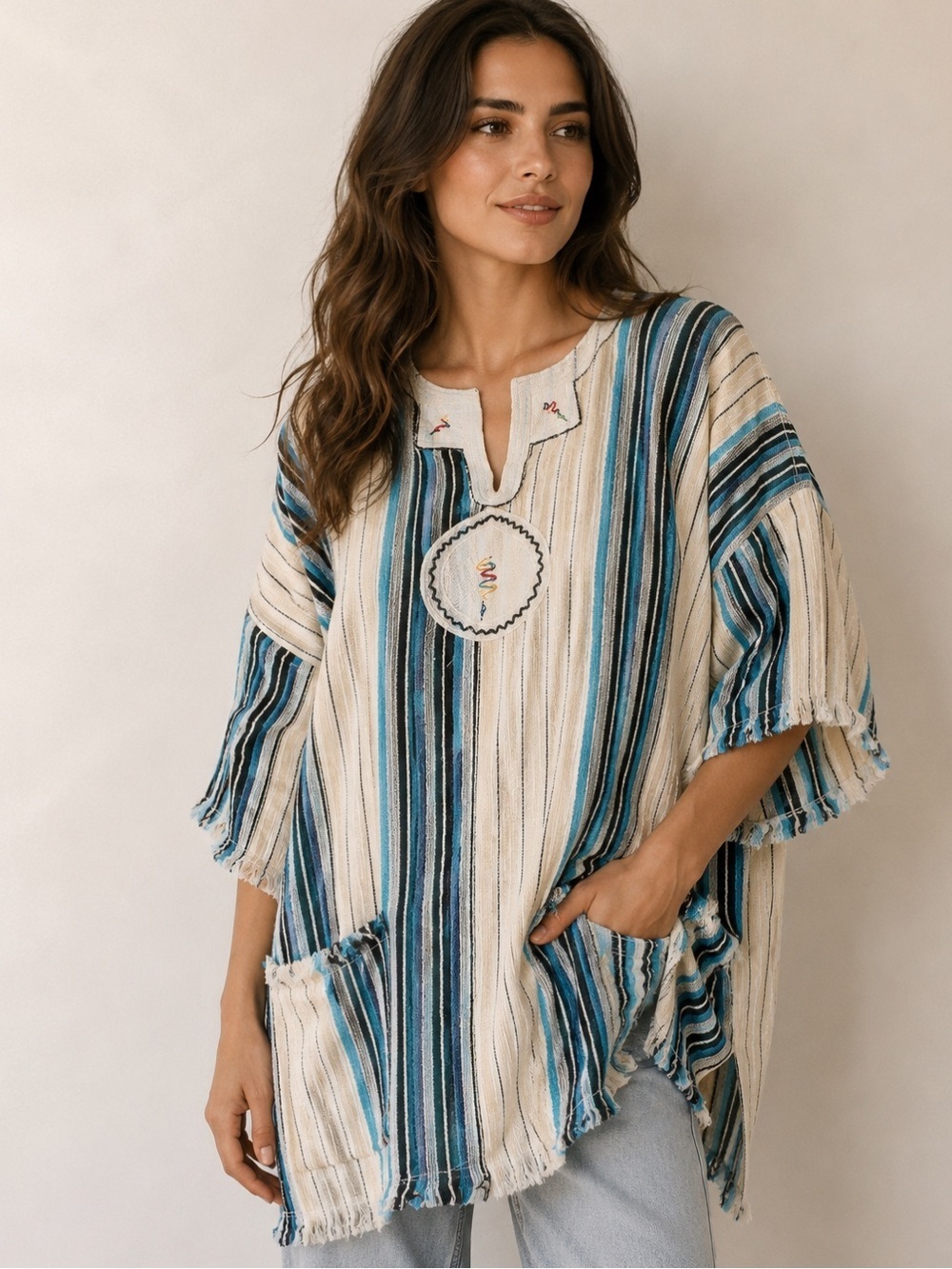 Vintage 1970s Embroidered Mexican Kaftan Poncho Boho Hippie Cover Up Free Size